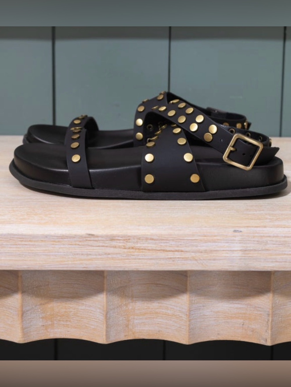 ShuShop Cecily Black Leather Sandals with Gold Studs